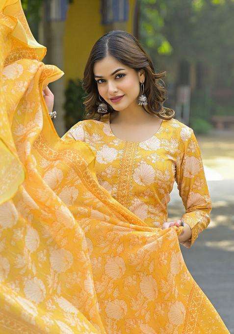 Yellow Printed Viscose Kurta Set
