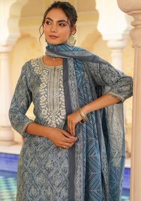 Grey Printed Silk Kurta Set
