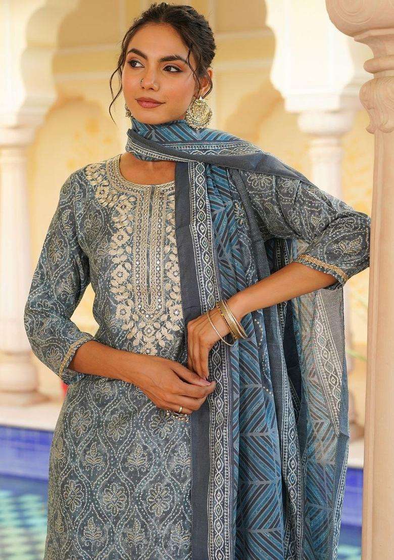 Grey Printed Silk Blend Kurta Set - Indya