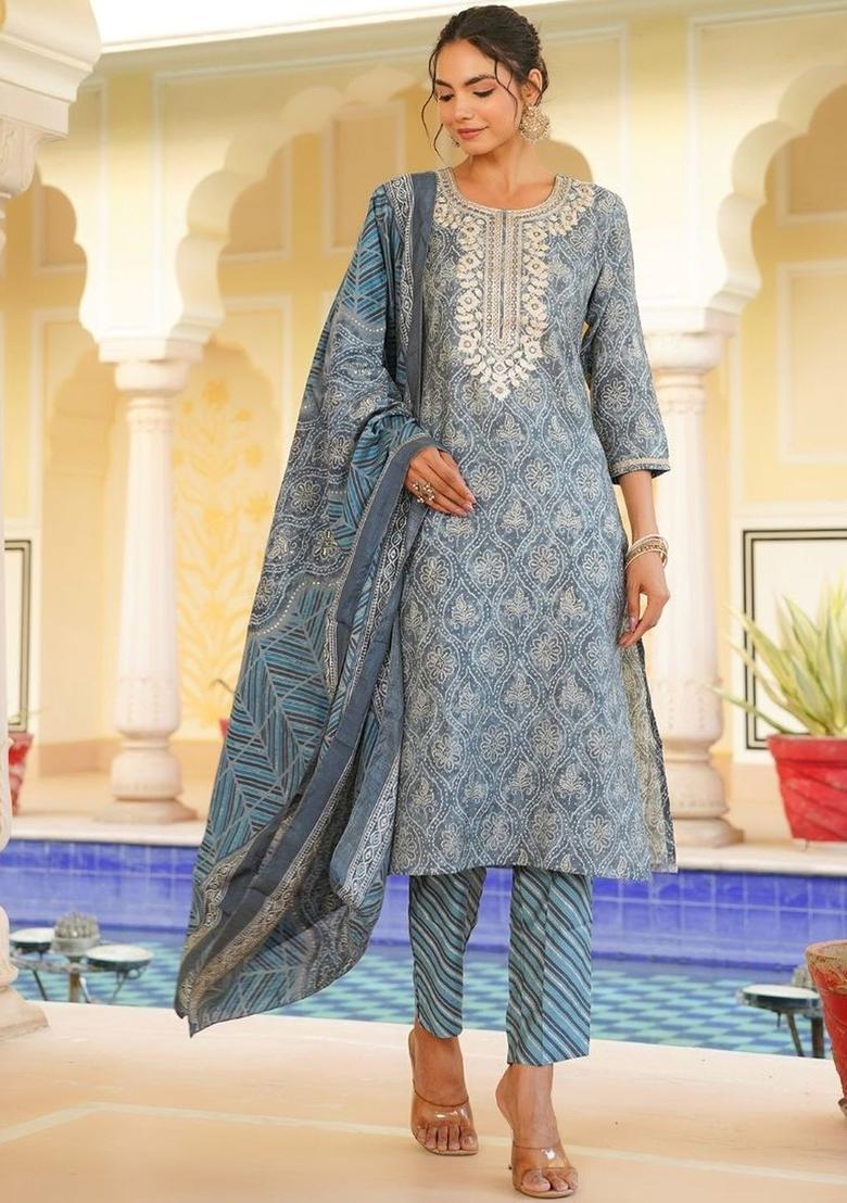 Grey Printed Silk Kurta Set - Indya