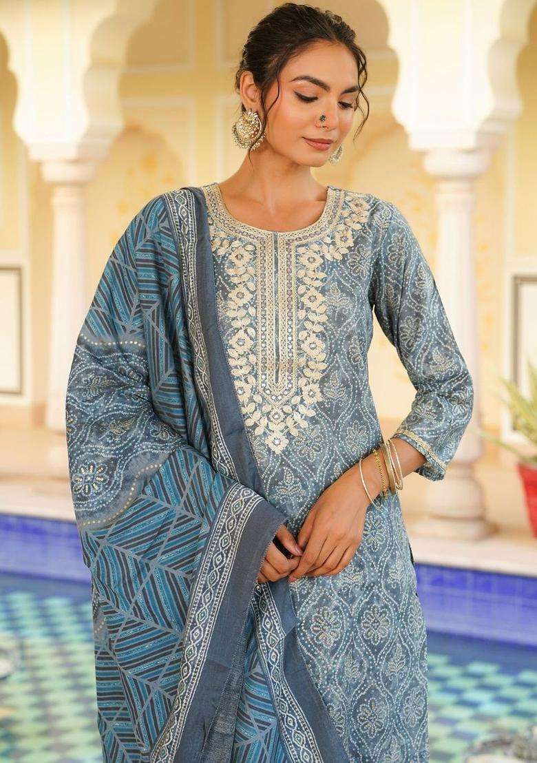 Grey Printed Silk Blend Kurta Set - Indya