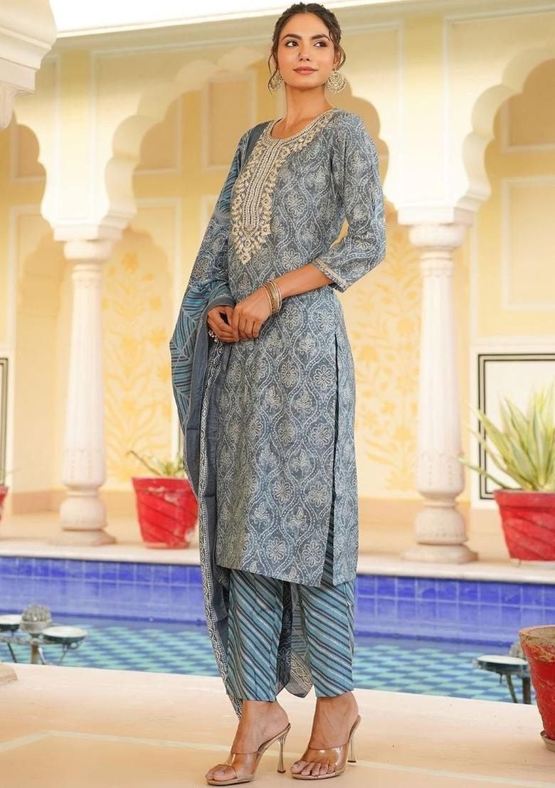 Grey Printed Silk Kurta Set - Indya