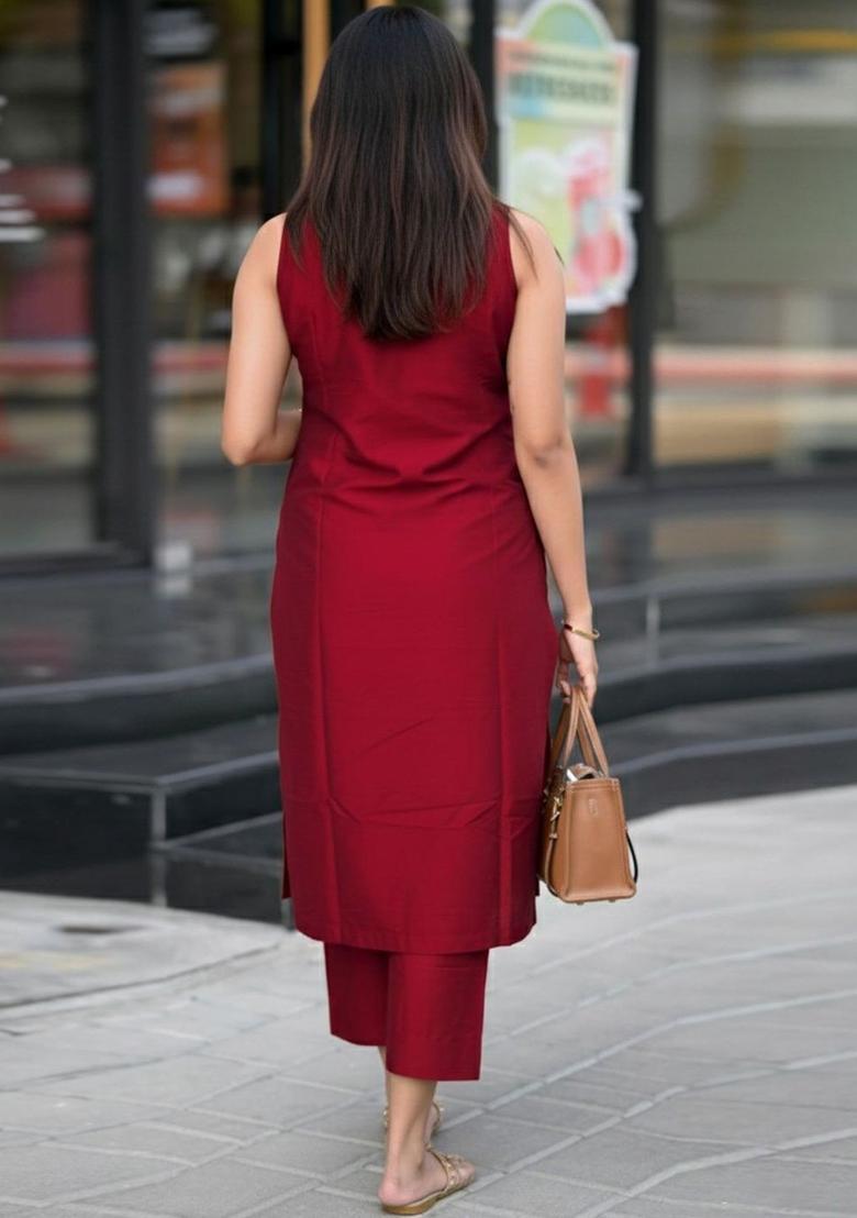 Maroon Solid Viscose Kurta Set - Indya