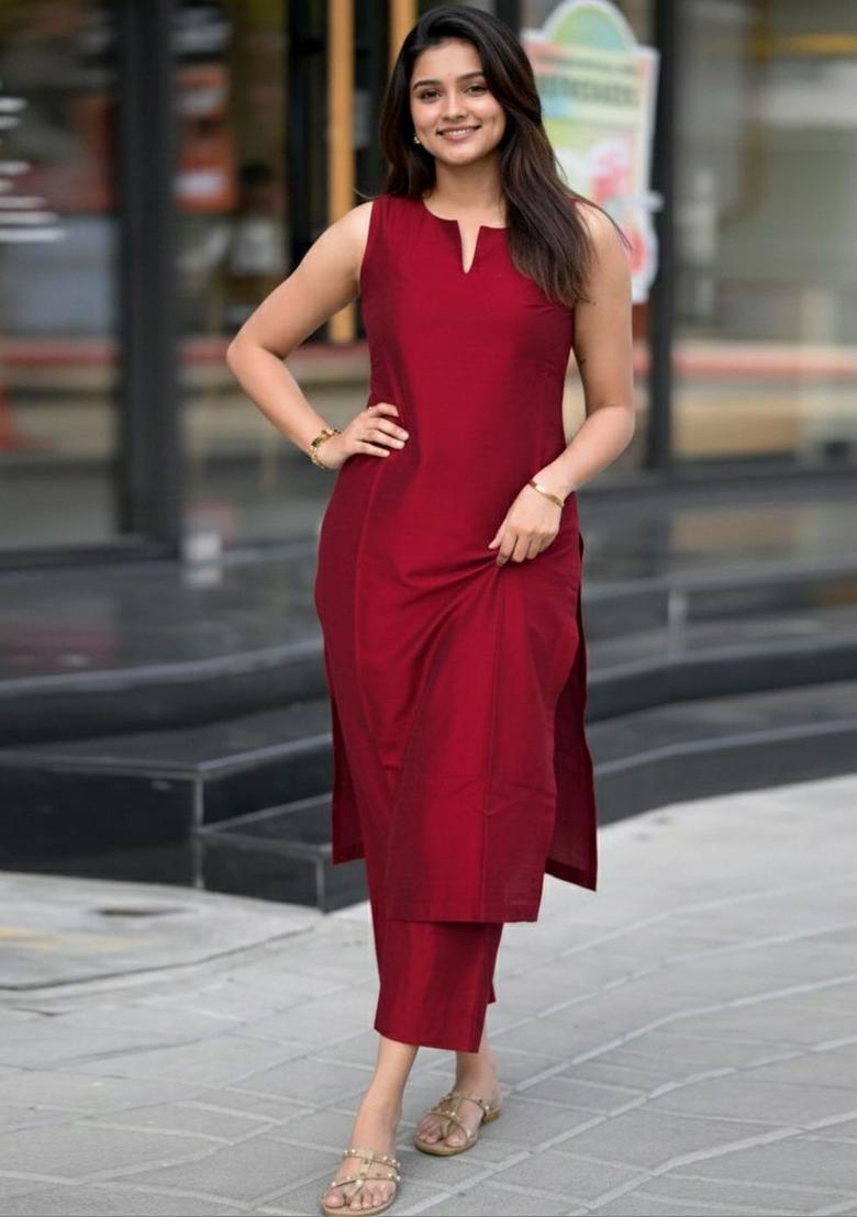 Maroon Solid Viscose Kurta Set - Indya