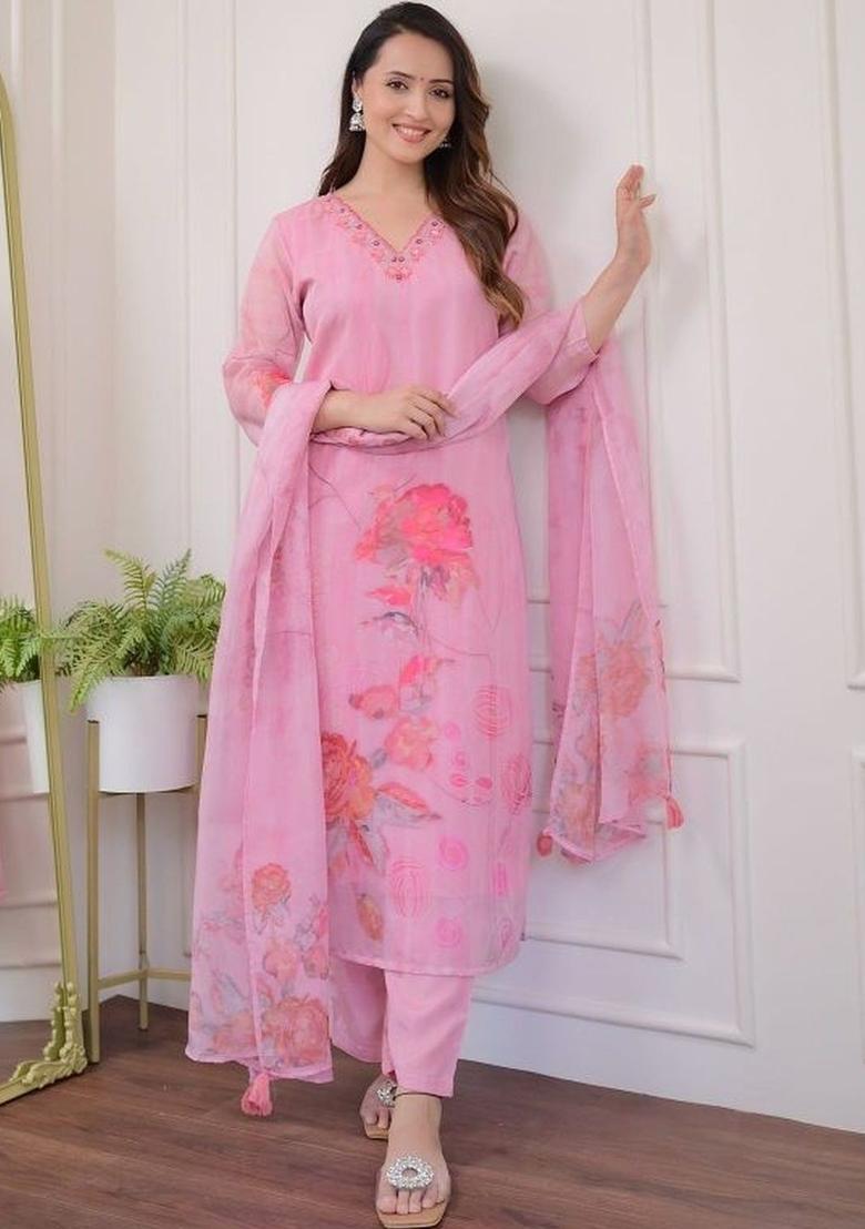 Pink Printed Organza Kurta Set - Indya