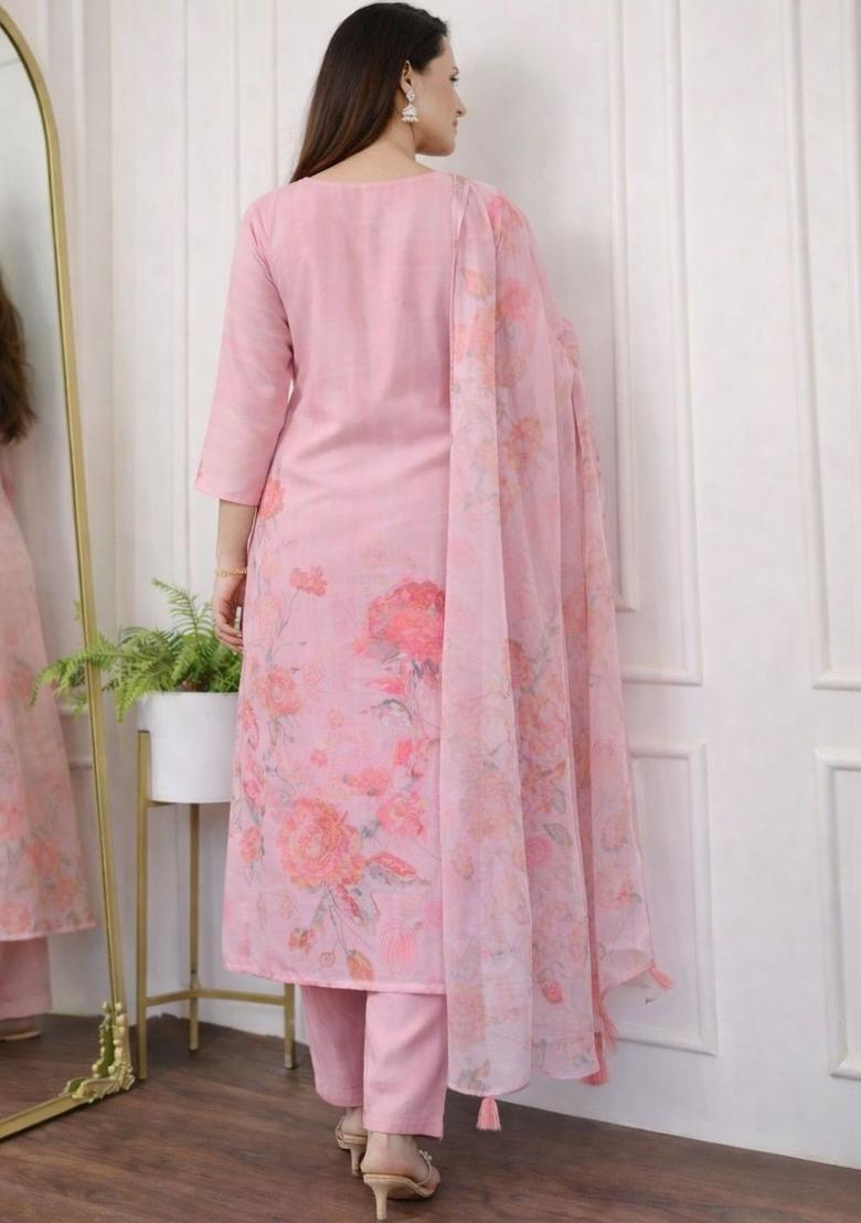 Pink Printed Organza Kurta Set - Indya