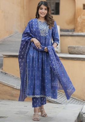 Blue Embroidered Cotton Kurta Set