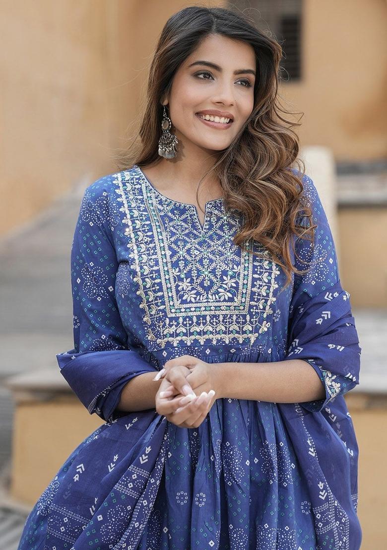 Blue Embroidered Cotton Kurta Set - Indya