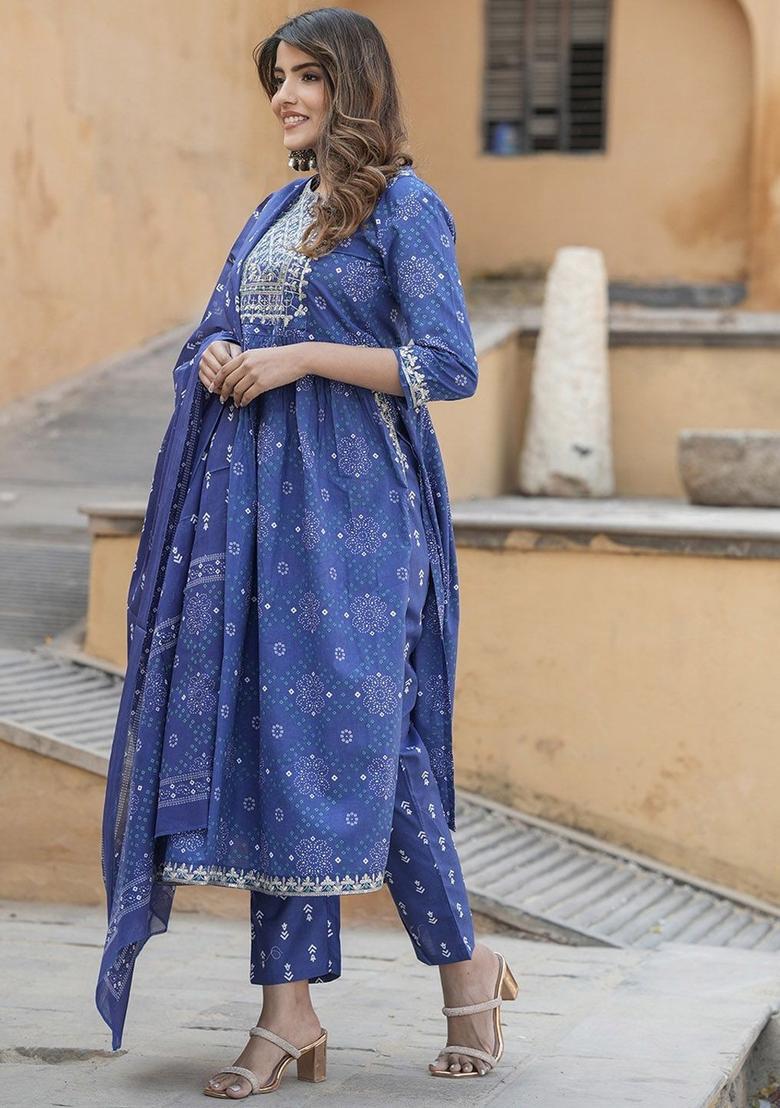 Blue Embroidered Cotton Kurta Set - Indya