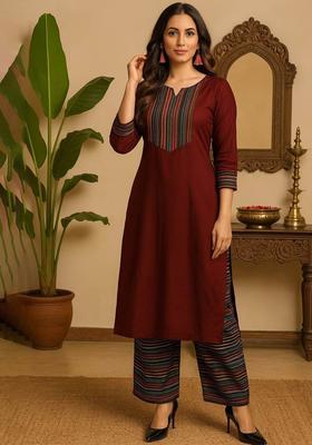 Maroon Solid Cotton Kurta Set