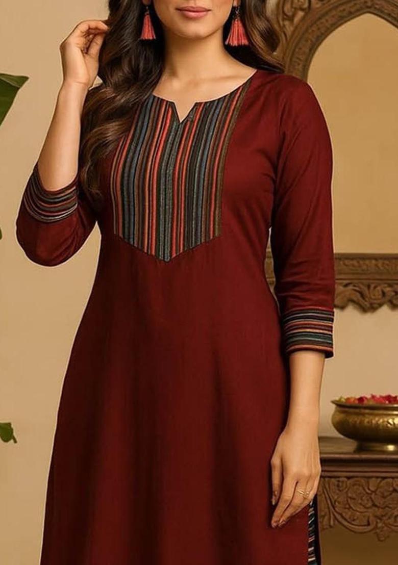 Maroon Solid Cotton Kurta Set - Indya