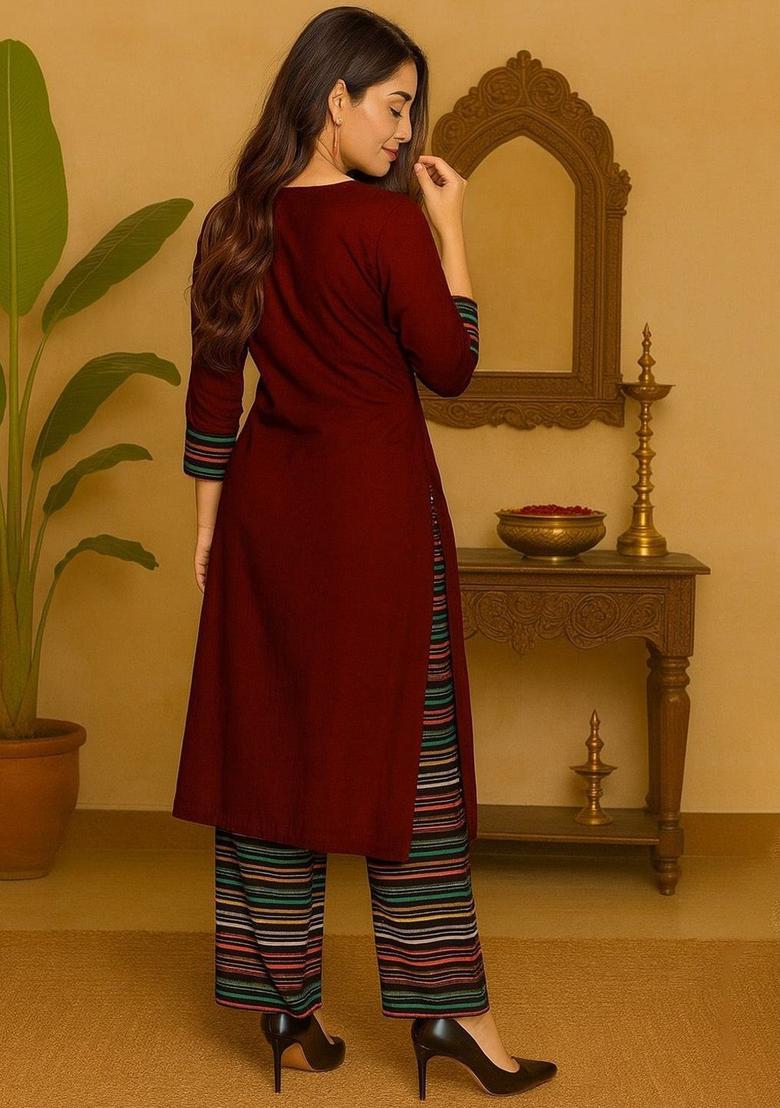 Maroon Solid Cotton Kurta Set - Indya