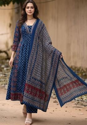 Blue Printed Viscose Kurta Set