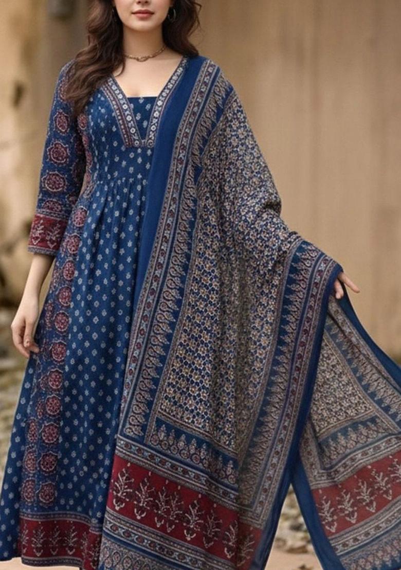 Blue Printed Viscose Kurta Set - Indya