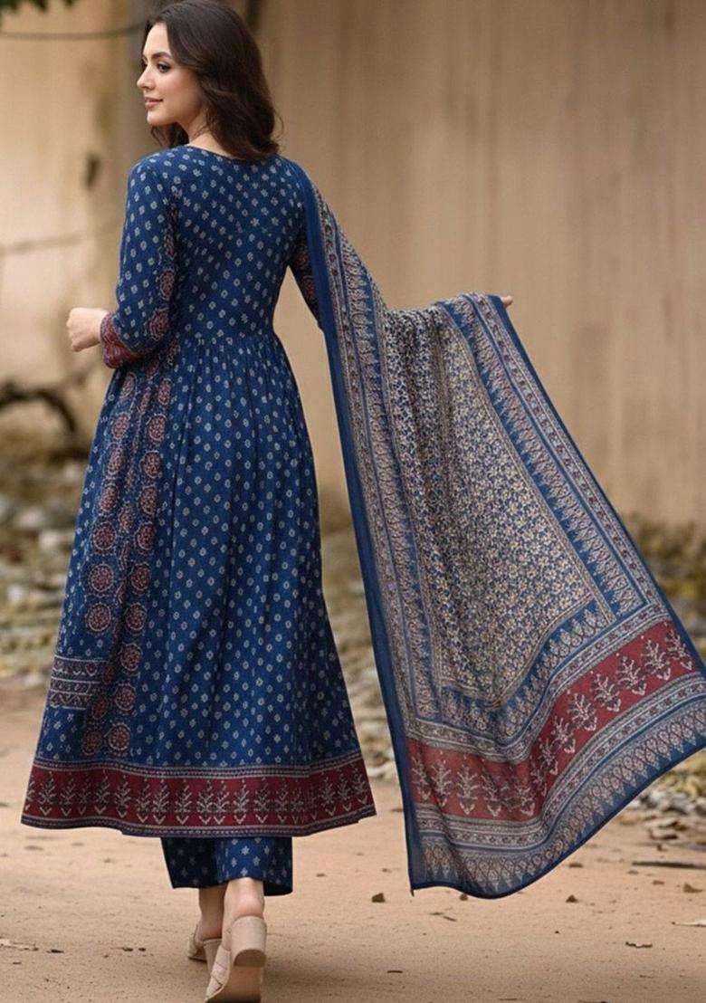 Blue Printed Viscose Kurta Set - Indya