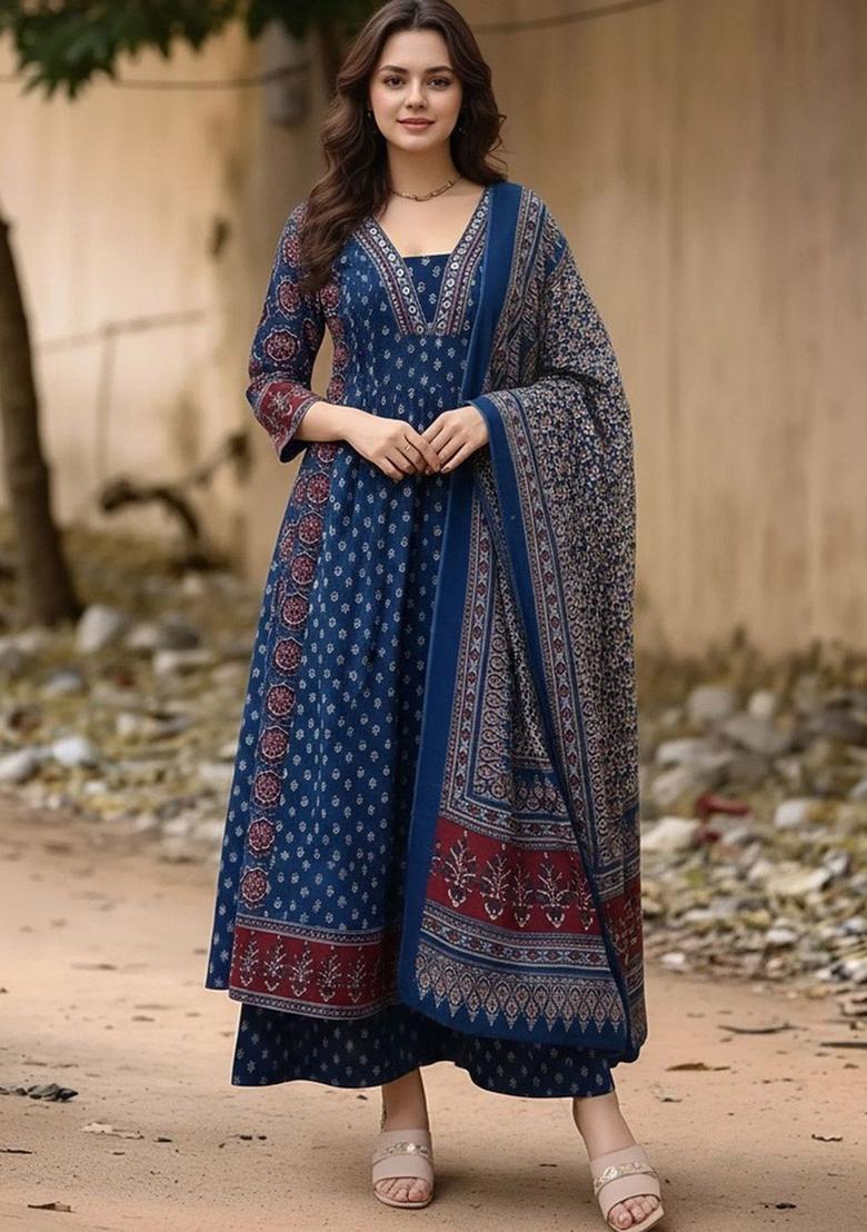 Blue Printed Viscose Kurta Set - Indya