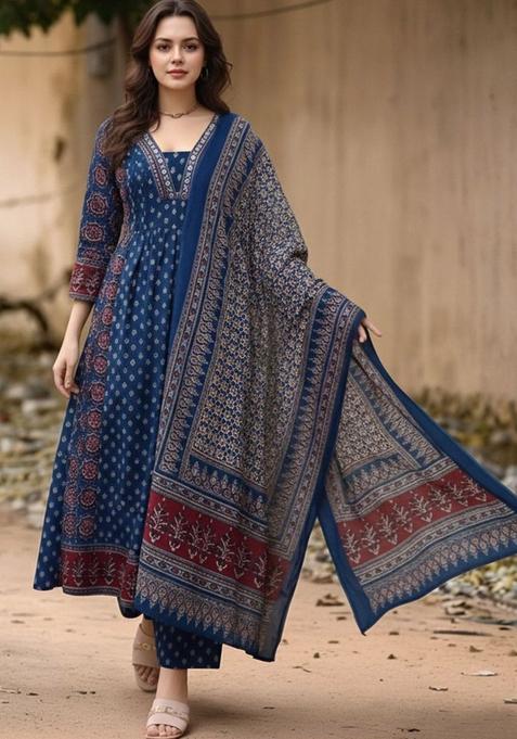 Blue Printed Viscose Kurta Set