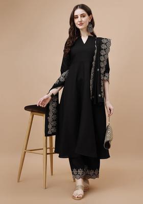 Black Solid Silk Blend Kurta Set