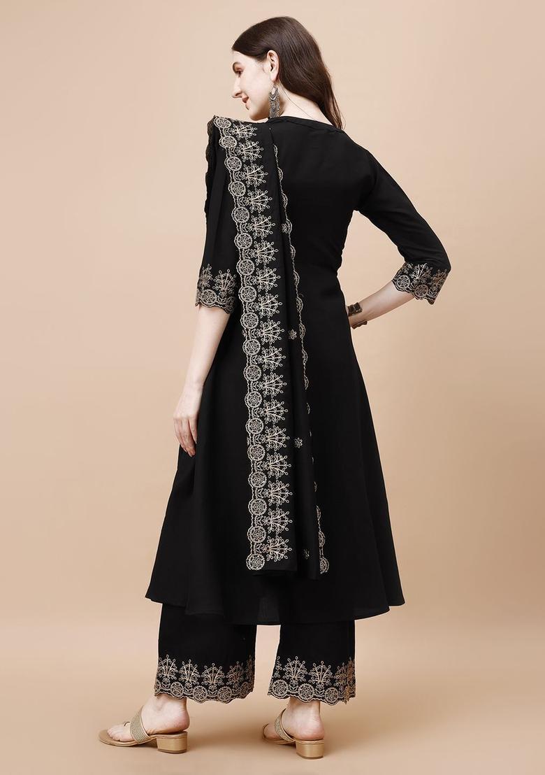 Black Solid Silk Kurta Set - Indya