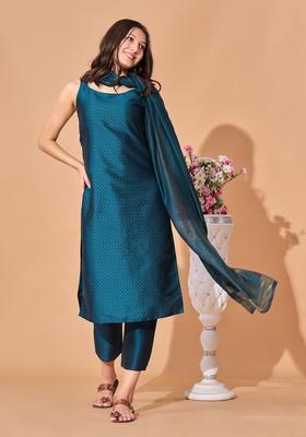 Blue Woven Design Silk Blend Kurta Set