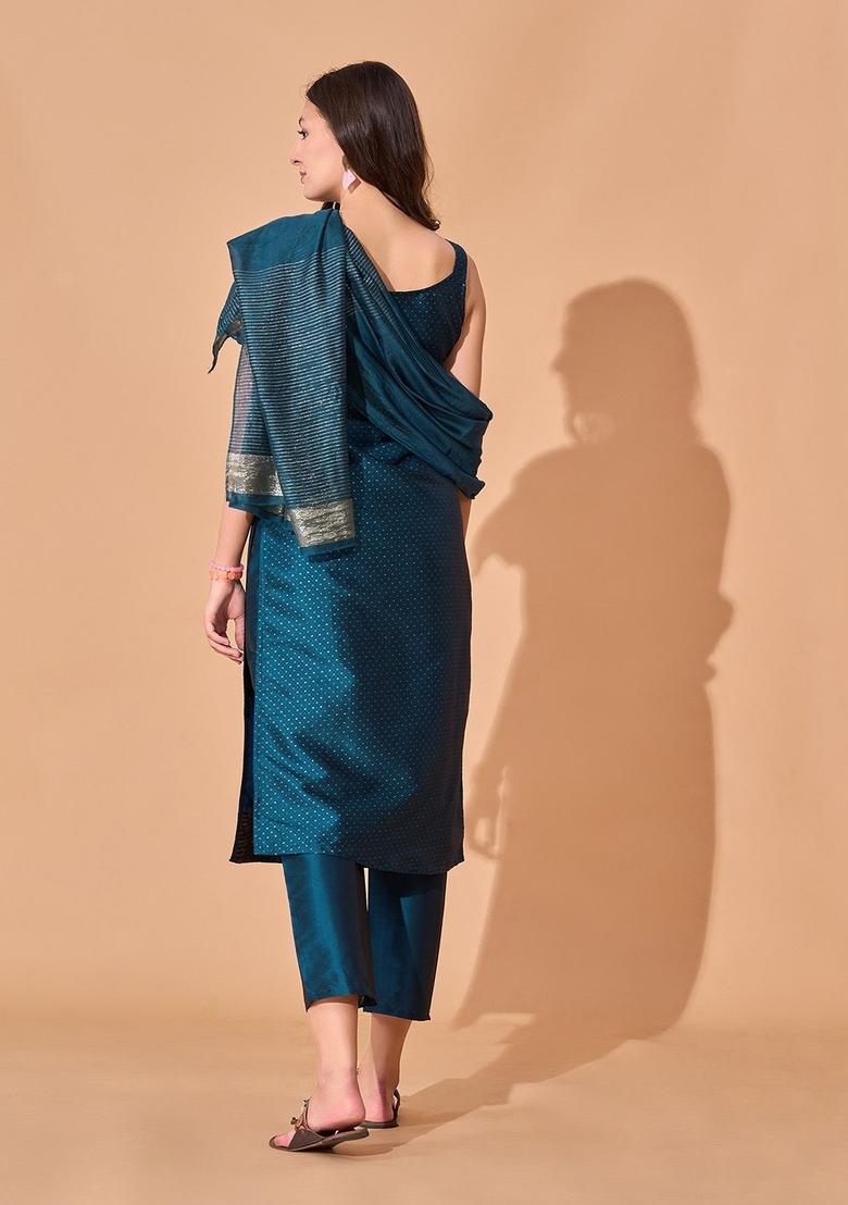 Blue Woven Design Silk Kurta Set - Indya