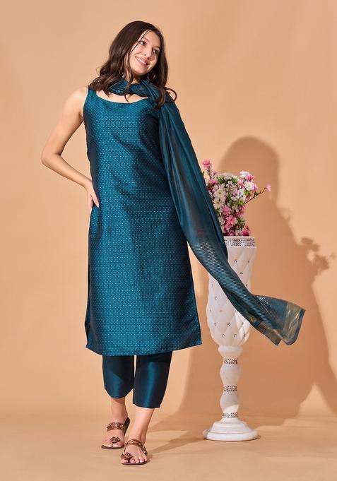 Blue Woven Design Silk Kurta Set — view on Indya