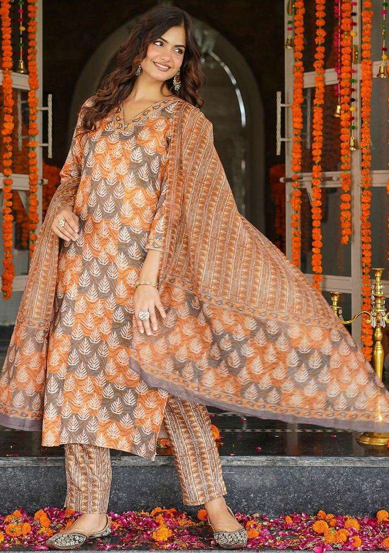 Orange Printed Cotton Kurta Set - Indya