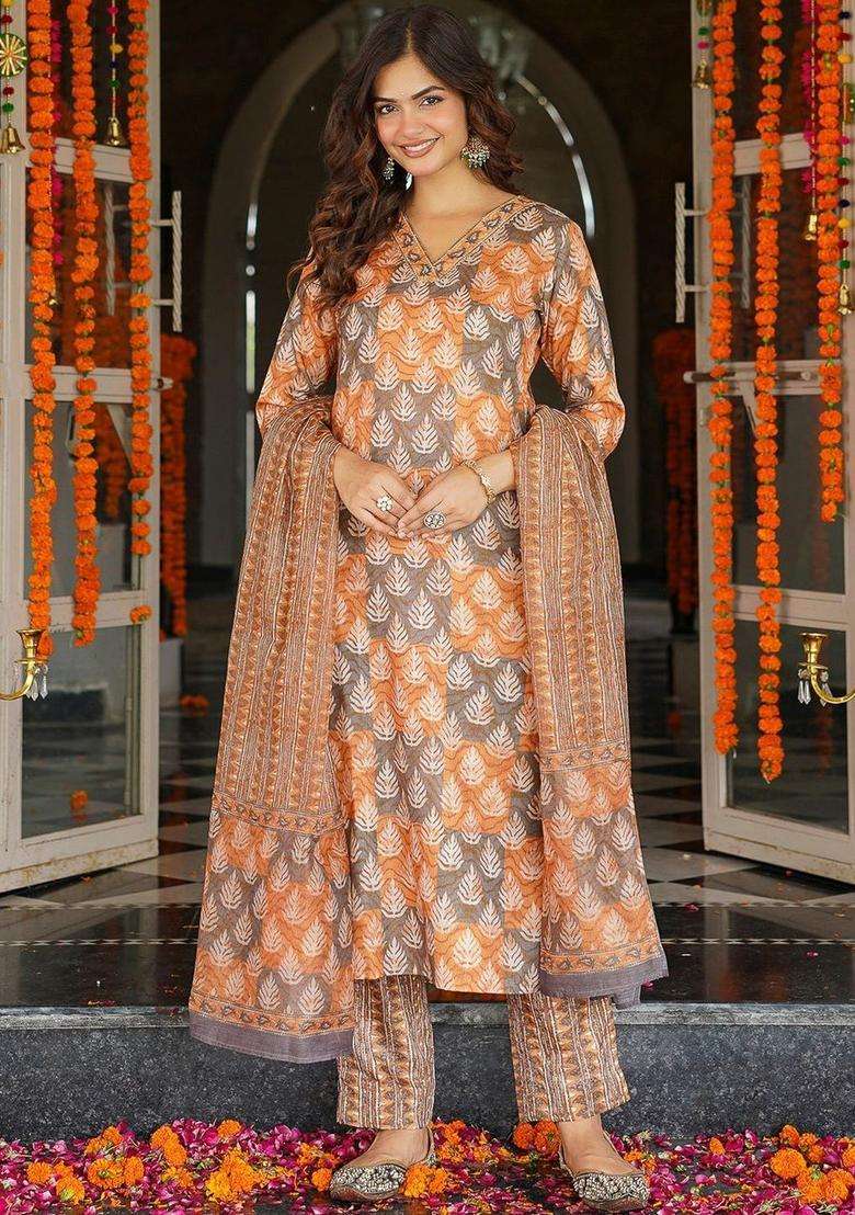 Orange Printed Cotton Kurta Set - Indya