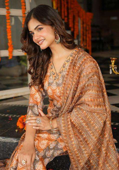 Orange Printed Cotton Kurta Set