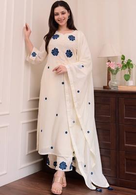 White Self Design Viscose Kurta Set