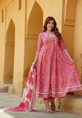 Pink Embroidered Cotton Kurta Set