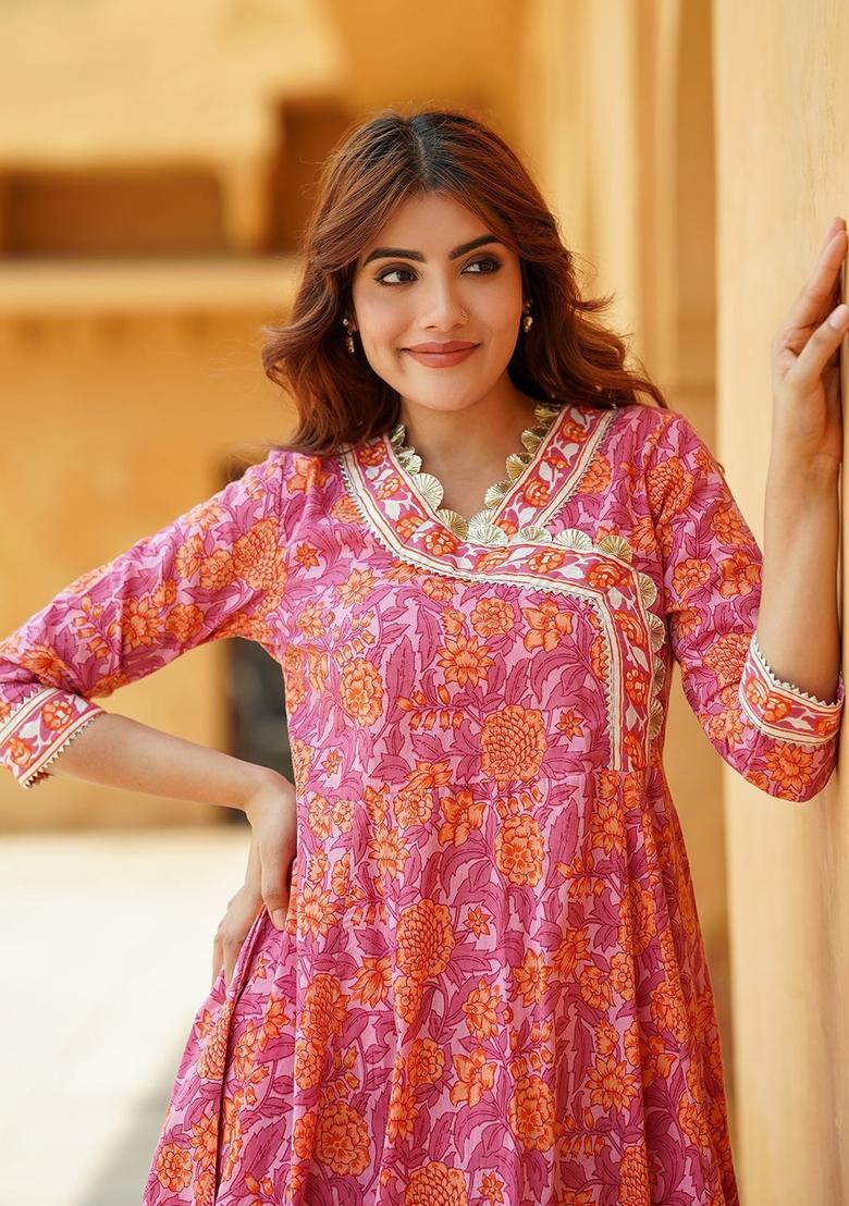 Pink Embroidered Cotton Kurta Set - Indya