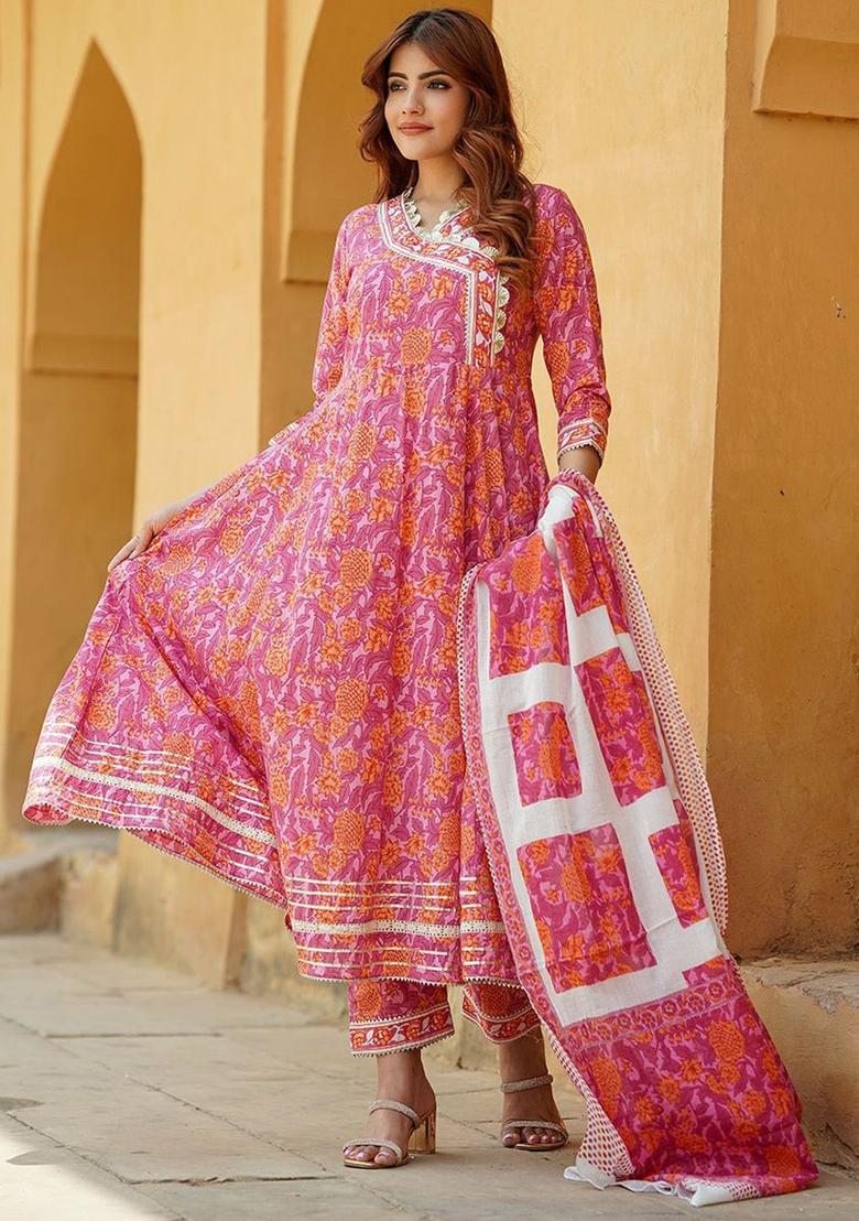 Pink Embroidered Cotton Kurta Set - Indya
