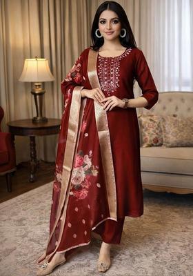 Maroon Embroidered Silk Kurta Set