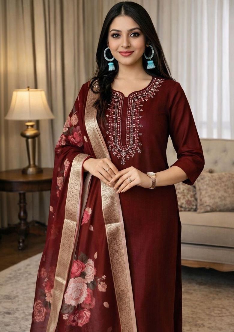 Maroon Embroidered Silk Kurta Set - Indya
