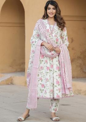 White Printed Cotton Kurta Set