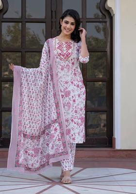 Pink Woven Design Cotton Kurta Set