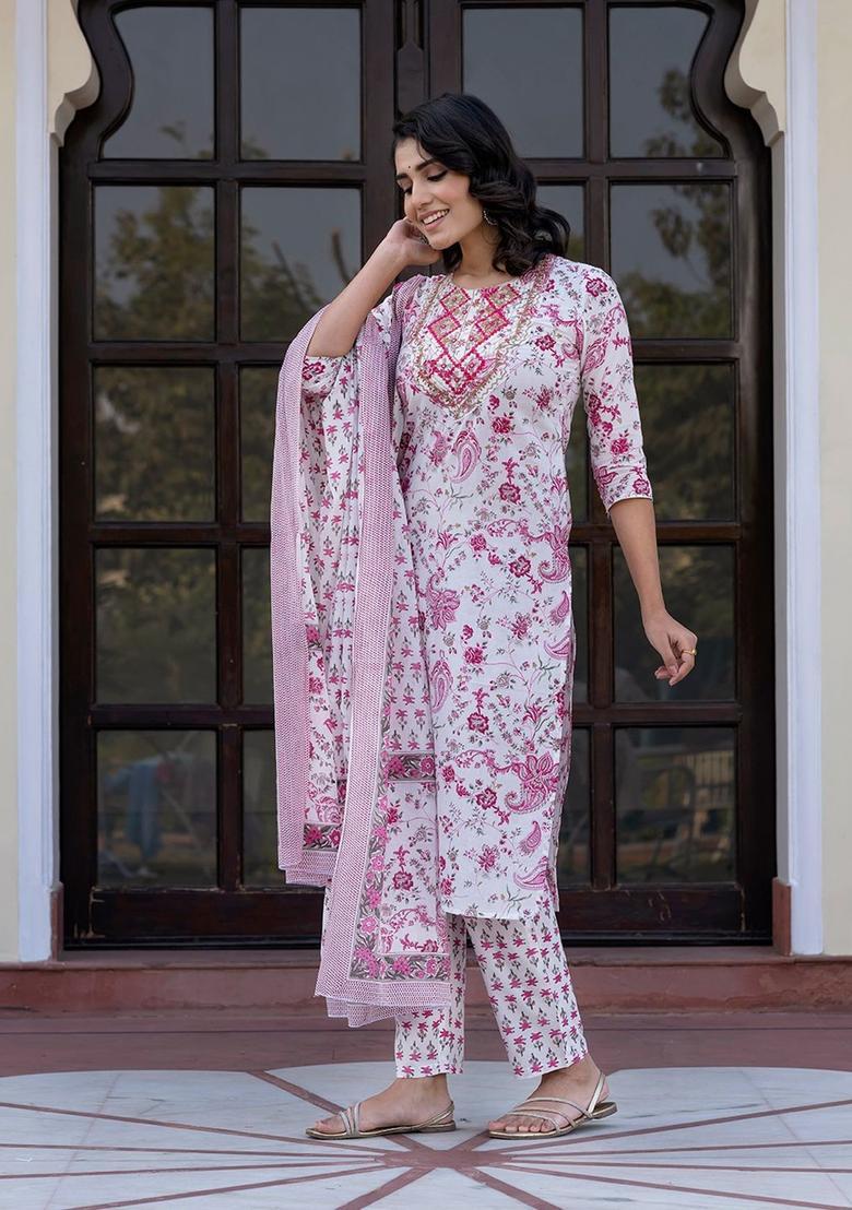Pink Woven Design Cotton Kurta Set - Indya