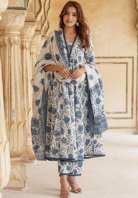 Blue Printed Cotton Kurta Set