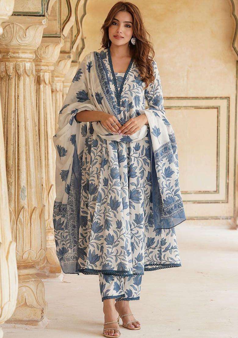Blue Printed Cotton Kurta Set - Indya