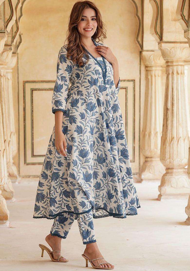 Blue Printed Cotton Kurta Set - Indya