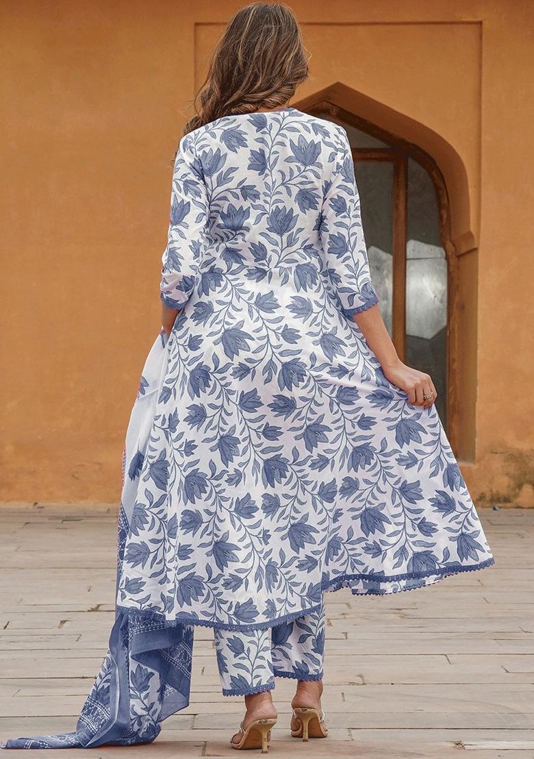 Blue Printed Cotton Kurta Set - Indya