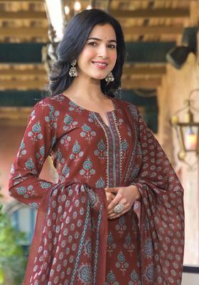 Brown Printed Viscose Kurta Set