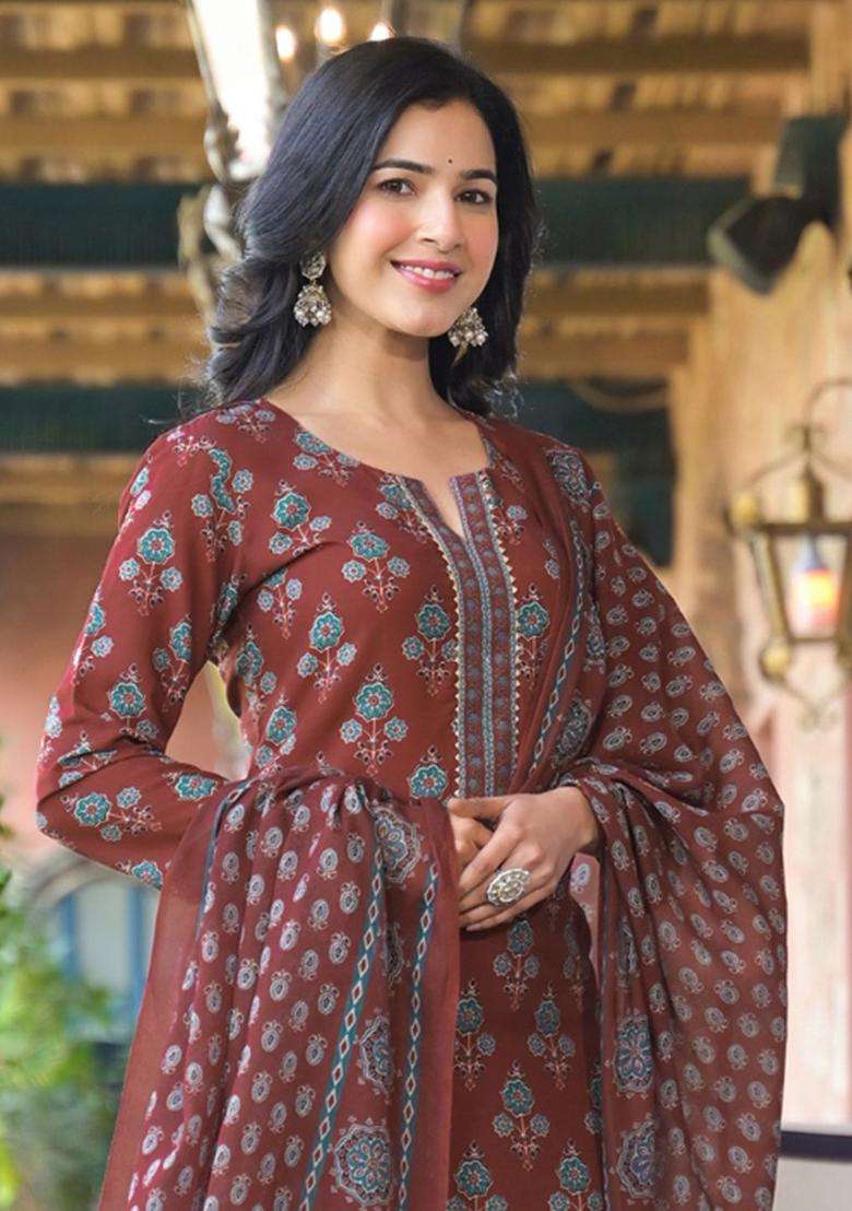 Brown Printed Viscose Kurta Set - Indya