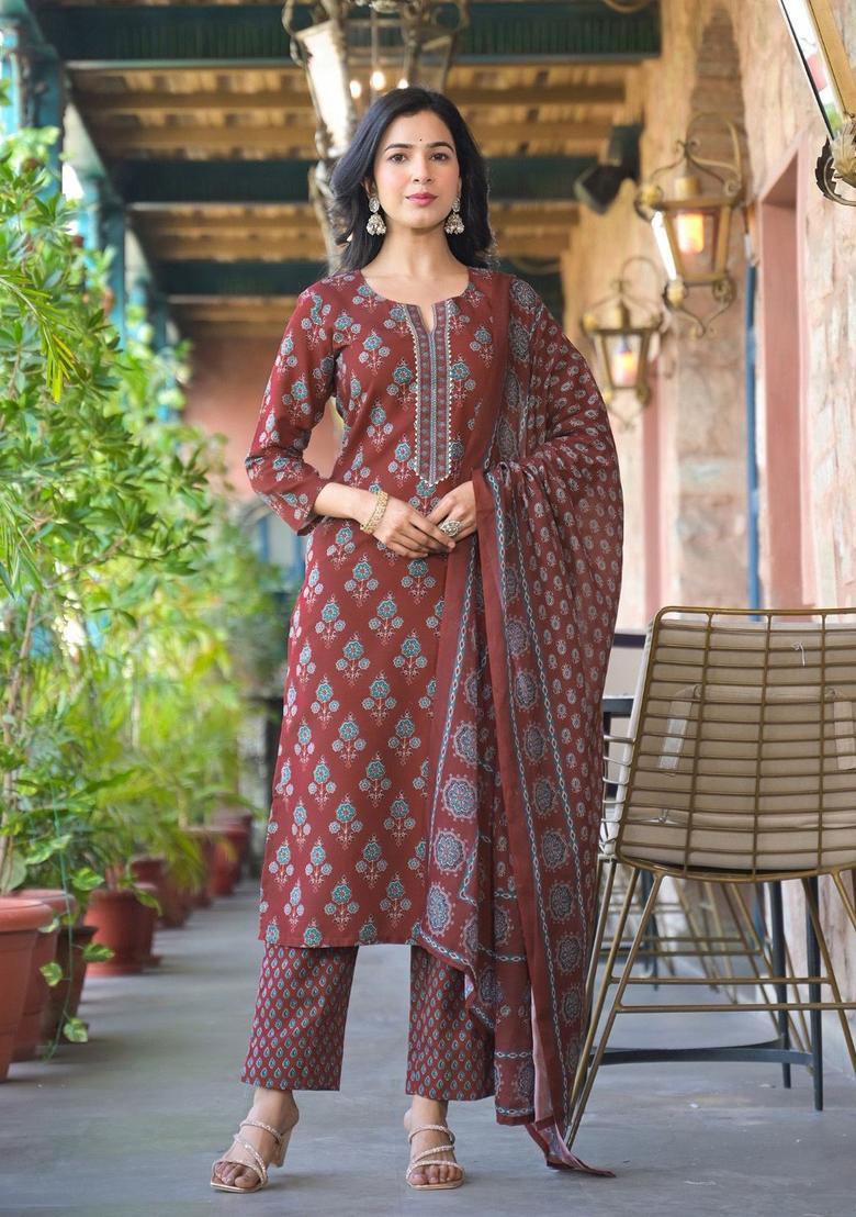 Brown Printed Viscose Kurta Set - Indya