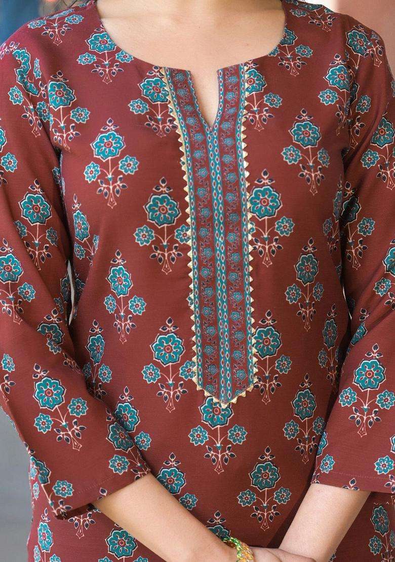 Brown Printed Viscose Kurta Set - Indya