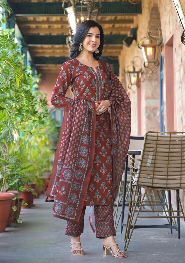 Brown Printed Viscose Kurta Set - Indya