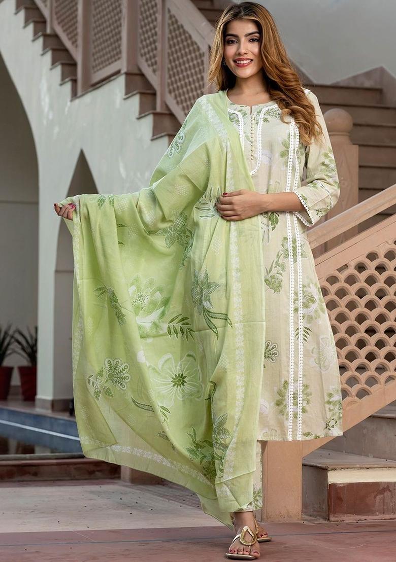 Green Embroidered Cotton Kurta Set - Indya