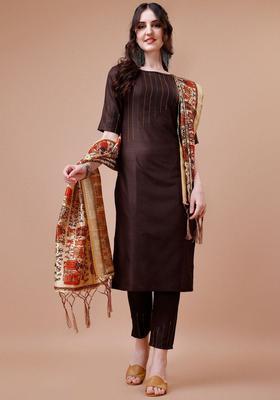 Brown Yoke Design Cotton Kurta Set