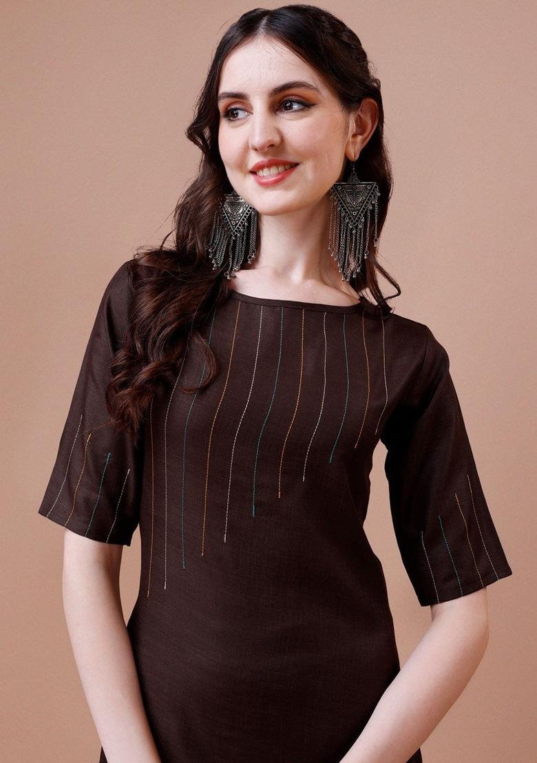 Brown Yoke Design Cotton Kurta Set - Indya